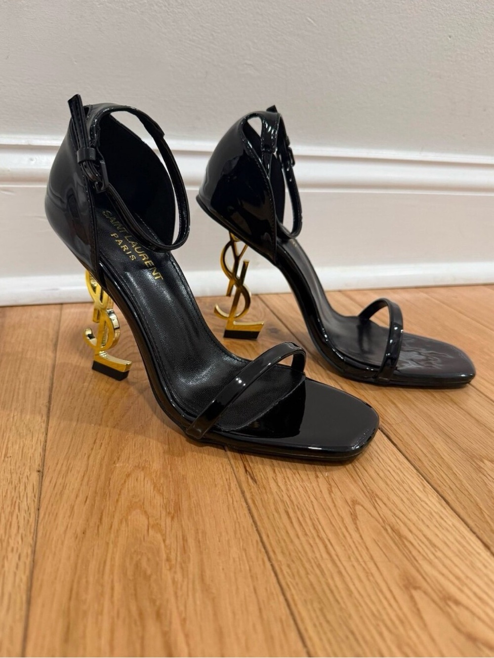 Saint Laurent Black Patent Sandal with Gold YSL Logo Heel - Picture 11 of 11